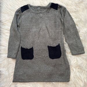 Girls Gray Knit Sweater Dress w/ Cat Pockets Size 4T-5 Long Sleeve Cozy